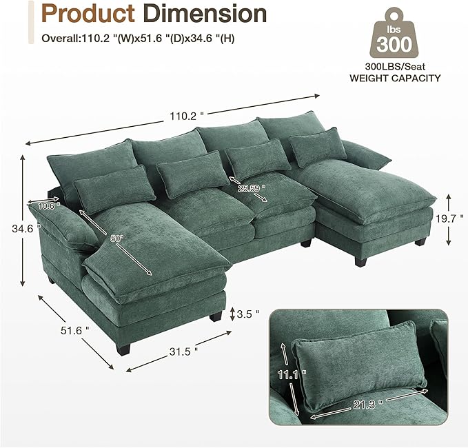 110.2" Modular U Shaped Cloud Couch, Modern 4-Seat Chenille Upholstery Sectional Sofa with Double Chaise & Double Layer Cushions, Deep Seat Comfy Couch for Living Room, Bedroom, Apartment, Green