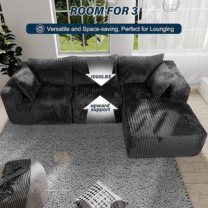3 Seater L Shaped Sofa with Deep Seat, 101" Cloud Sectional Couch with Chaise, Cozy Modular Couches Sleeper, Oversized Corduroy Sofa for Living Room Bedroom Apartment, Dark Grey