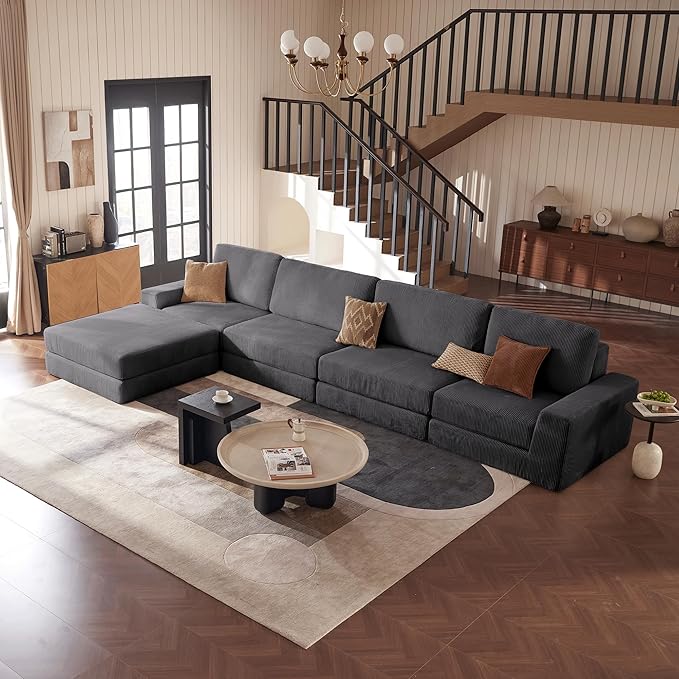 Modular Sectional Boneless Sofa, 160.63" Oversized Modern Cloud Couch Sectional Sofa with L-Shaped Chaise Comfy Corduroy Fluffy Couch with Deep Seat Couches for Living Room Bedroom