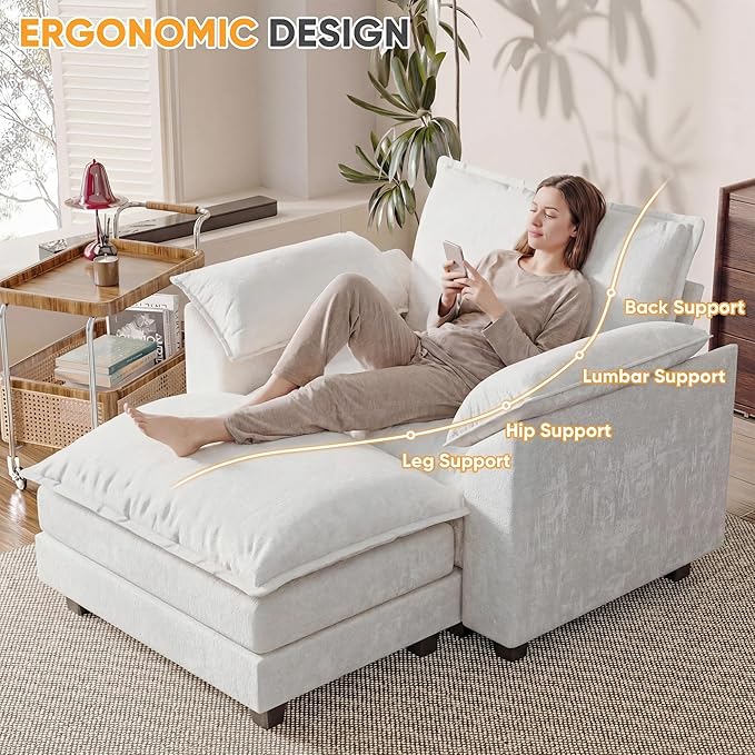 Single Chaise Lounge with 30'' Deep Seat & Movable Ottoman, Reading Chair with Wide Armrest, Chenille Cloud Couch Double Layer Cushion for Living Room, Office, Bedroom (White, Single Sofa Chair)
