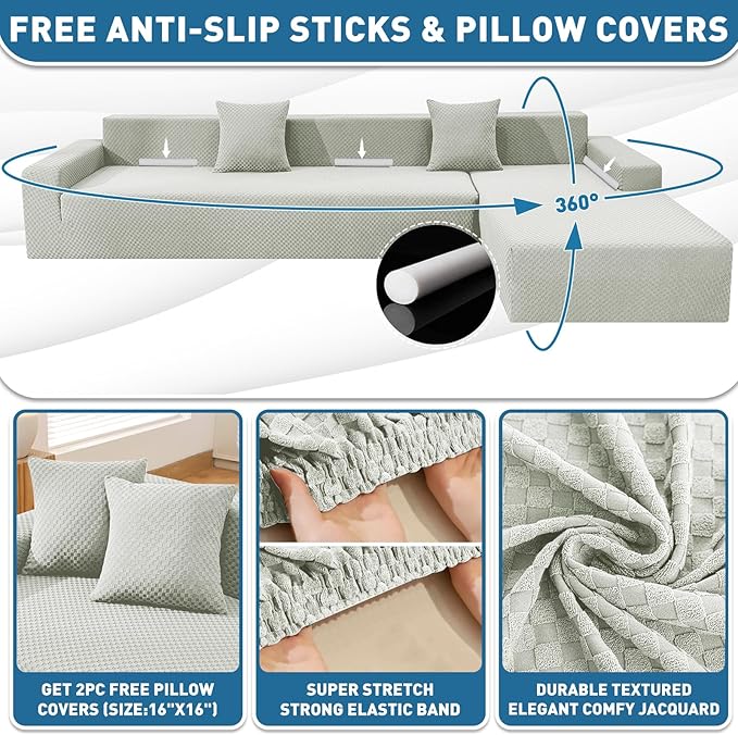 ZNSAYOTX Sectional Couch Covers, Stretch Jacquard Slipcovers with Elastic Bottom for L-Shape Sectional Sofa, 2 Pcs Pet Friendly Comfort Modular Sofa Protector (3 Seat Couch + 3 Seat Chaise, Ivory)