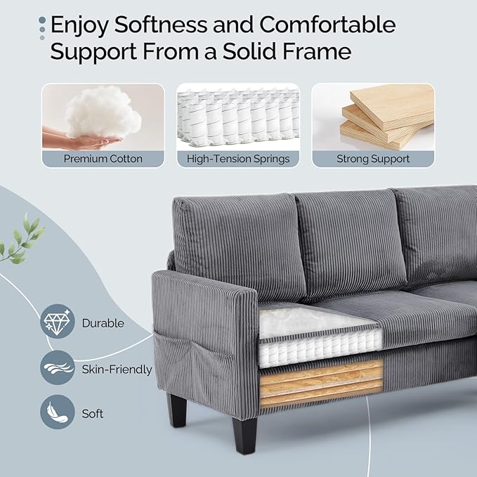 VINGLI 68.5' L Shaped Couch with Removable Storage Ottoman, Convertible Sectional Sofa in Corduroy Fabric, Modern Reversible Chaise Couch for Small Spaces, Apartment, Living Room，Grey