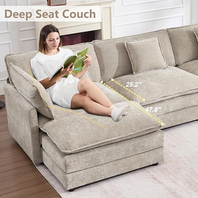 147" Modular Sectional Sofa, Oversized U Shaped Sectionals Cloud Couch, Big Comfy Couch with 2 Ottomans, 6 Seater Chenille Sectional Sofa with Deep Seat and 6 Pillows for Living Room- Camel
