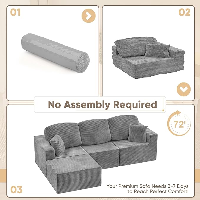 YESHOMY 98.4" Boneless Couches for Living Room, Comfy Modular Sectional Couch, Cloud Couch with Deep Seat, L-Shaped Sofa with Ottoman, Grey