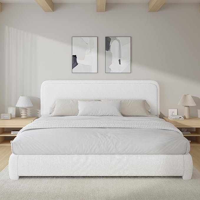 BarnFurin Boucle Upholstered California King Bed Frame/Soft Rounded Corners Headboard/Low Profile Bed Frame/No Box Spring Needed/Non-Slip and Noise-Free/White