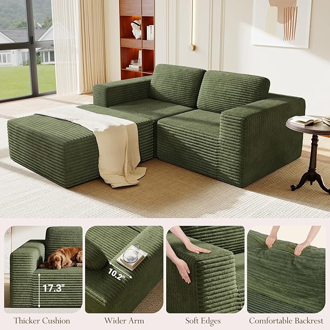 Vesgantti 80" Modular Sectional Sofa, Corduroy Cloud Couch with Deep Seats & Spring Support, Compact 2 Seater Boneless Couch, L-Shaped Modular Sofa for Small Spaces, Apartments, No Assembly, Green