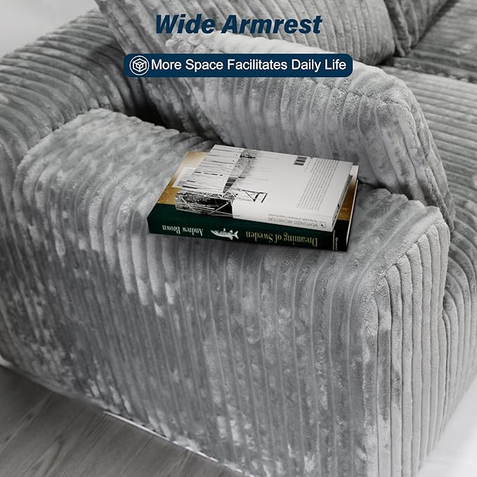 3 Seater L Shaped Sofa with Deep Seat, 101" Cloud Sectional Couch with Chaise, Cozy Modular Couches Sleeper, Oversized Corduroy Sofa for Living Room Bedroom Apartment, Pale Gray