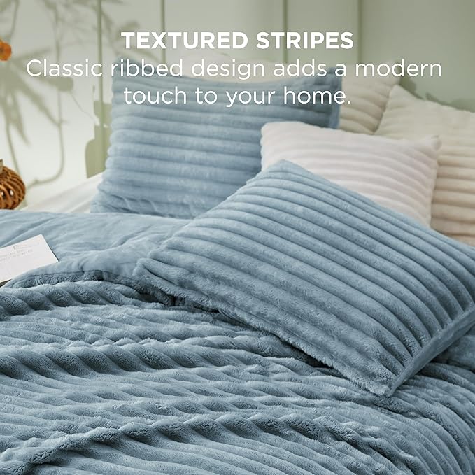 Bedsure Full Size Comforter Sets - GentleSoft™ 3 Pieces Double-Side Fleece Fluffy Mineral Blue Comforter Set, Cozy Striped Room Decor Aesthetic, Luxury Full Size Bedding, 2 Pillowcases, 82x86 Inches