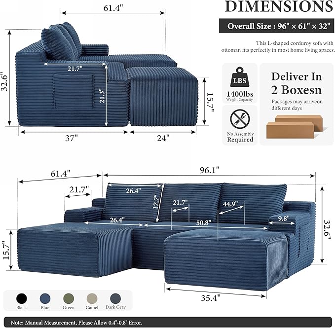 96" Sectional Couches for Living Room Cloud Couch Sofa with L-Shape Upholstered Boneless Couchs Modern Modular Sectional Couch with Chaise (Bule, 96" W+Left Facing Chaise+2Seaters+Ottoman)