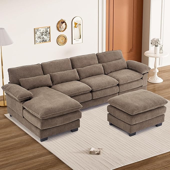 113" Cloud Couch Sectional Modular Sofa U Shaped Sectional Couches for Living Room Comfy 5-Seater Deep Seat Couch Chenille Cloud Sectional Sofa with Movable Ottoman & 4 Pillows, Brown