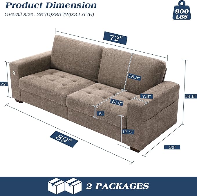 WorthFurni Sofas for Living Room, Chenille Loveseat Couch Set, Small Sofa, 3 Seater Sofa, USB Charging, Removable Sofa Cover,Solid Wood Frame, Easy to Install(89inch,Brown)