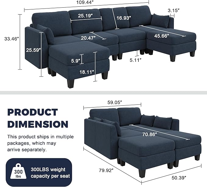 Modular Sectional Sofa, 6 Seaters Modular Sleeper Sofa Couch, Comfy Sectionals Couches Bed, Convertible Sofas with Ottomans, Sectional Couches for Living Room, Blue