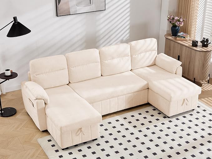 Tbfit 108'' Pull Out Sofa, Cloud Sleeper Sofa Bed with USB & 2 Storage Chaises, Comfy Oersized U Shaped Convertible Sectional Sleeper Couches for Living Room, Apartment, Office, Beige