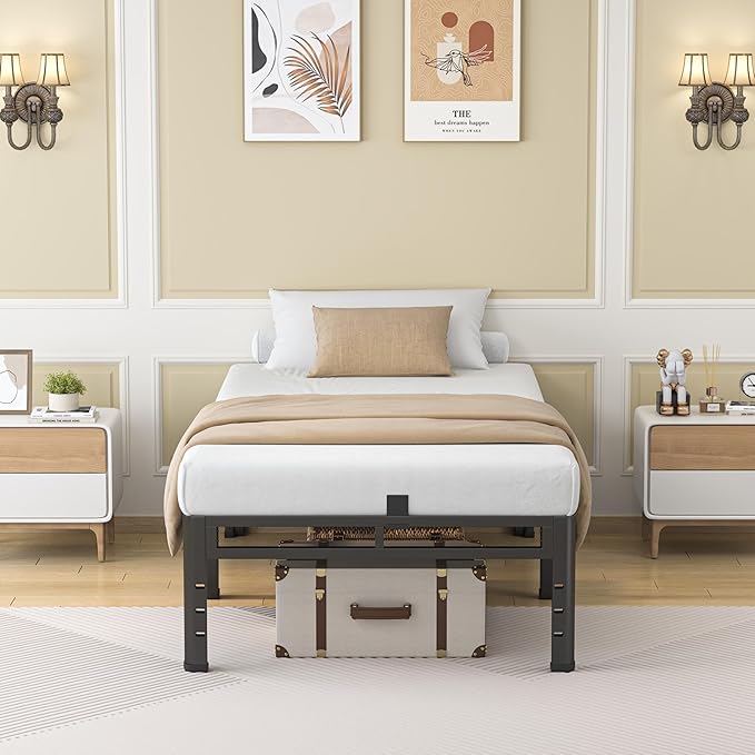 NKZ 22 Inch Twin Size Bed Frame, Metal Bed Frame & Box Spring 2 in 1 Platform with Round Corner Legs, 4000Lbs Heavy Duty Metal Frame, Mattress Slide Stopper, Headboard Hole, Noise-Free, Easy Assembly