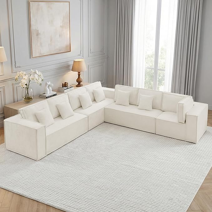 138'' Boneless Chenille L Shaped Couch, Oversized Modular Sectional 7 Seater Sofa, Modern Deep Seat Corner Cloud Compressed Couch, No Assembly Sleeper Sofa with Chaise for Living Room, Beige