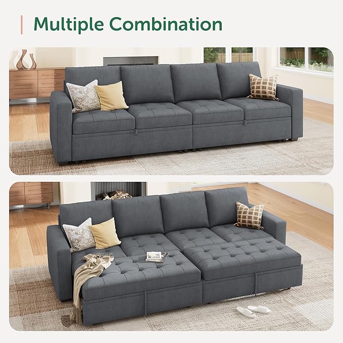 HONBAY Modular Sectional Sleeper Sofa with Pull Out Couch Bed, Convertible Sectional Couches for Living Room,Bluish Grey