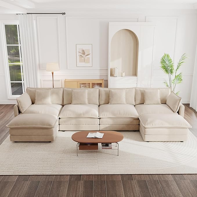 mikibama Modular Sectional Sofa, 146.5 Inch U Shaped Couch Set for Living Room, 4-Seater Comfy Cloud Couches with Two Movable Ottoman, DIY Combination, Chenille, Light Coffee