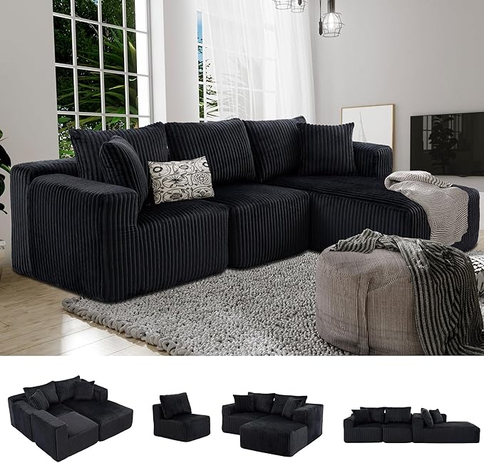 3 Seater L Shaped Sofa with Deep Seat, 101" Cloud Sectional Couch with Chaise, Cozy Modular Couches Sleeper, Oversized Corduroy Sofa for Living Room Bedroom Apartment, Black