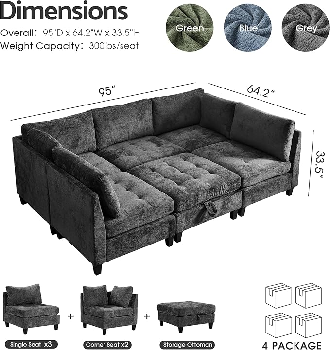 Luxe Oversized Modular Sectional Sofa, Modern Chenille Convertible Sleeper Sofa with Storage Ottoman, Comfy Deep Seat U-Shaped Cloud Couch for Living Room（Dark Grey，5-Seater + 1*Ottoman+ Tea Tray）