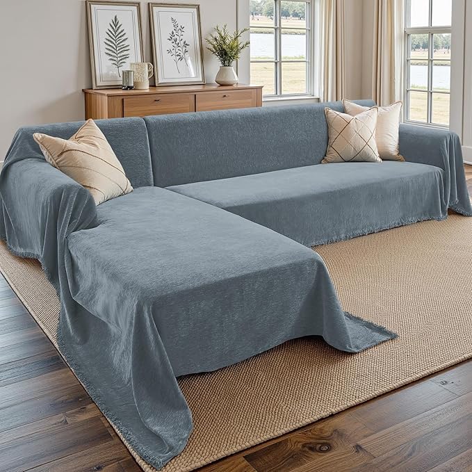 Sectional Couch Covers, 2 Pieces Chenille Sofa Cover L Shaped Couch Cover Blanket for Dogs Washable Sofa Slipcovers Pet Furniture Protector (X-Large: 71" x 110" + 71" x 118", Blue)