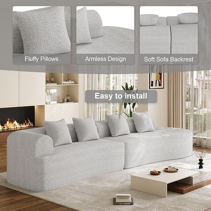 147" Oversized Sectional Sofa for Living Room, Large Modern Chenille Curved Cloud Couch, Luxury Plush 6-Seater Extra Deep Seat Boucle Boneless Couch, No Assembly Required, Beige White