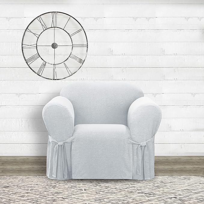 SureFit Farmhouse Basketweave Faux Linen Chair Slipcovers, Chair Cover One Piece Design and Straight Skirt, Removable and Machine Washable Armchair Cover, Gray