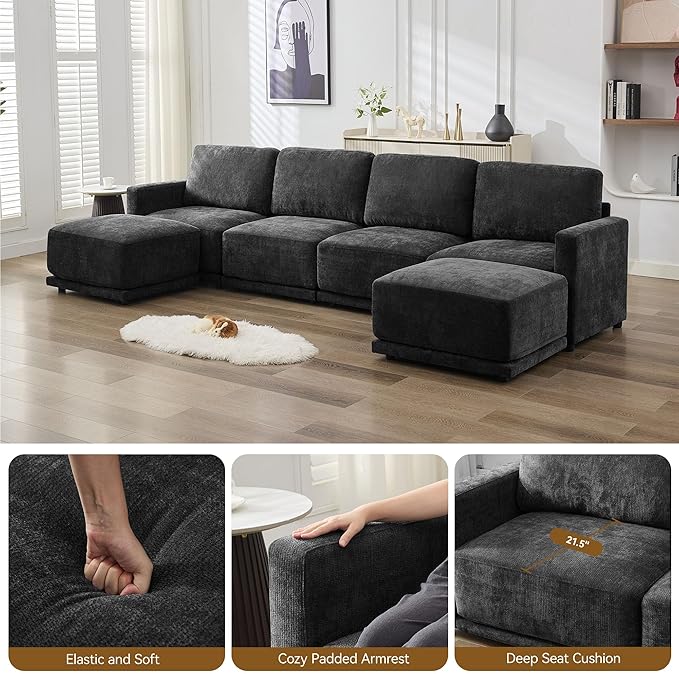77.4" Chenille Modular Loveseat Oversized Upholstered 2 Seater Sectional Sofa with Thickened Cushions, Easy Assembly, Modern Comfy Love Seat Couch for Living Room, Black