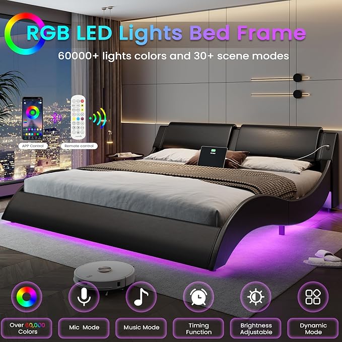 DICTAC California King Bed Frame with Led Lights and USB & Type-c Ports Modern Cali King Bed Frame with Headboard Faux Leather Wave Like Curve Low Profile Platform Bed Frame,No Box Spring Needed,Black