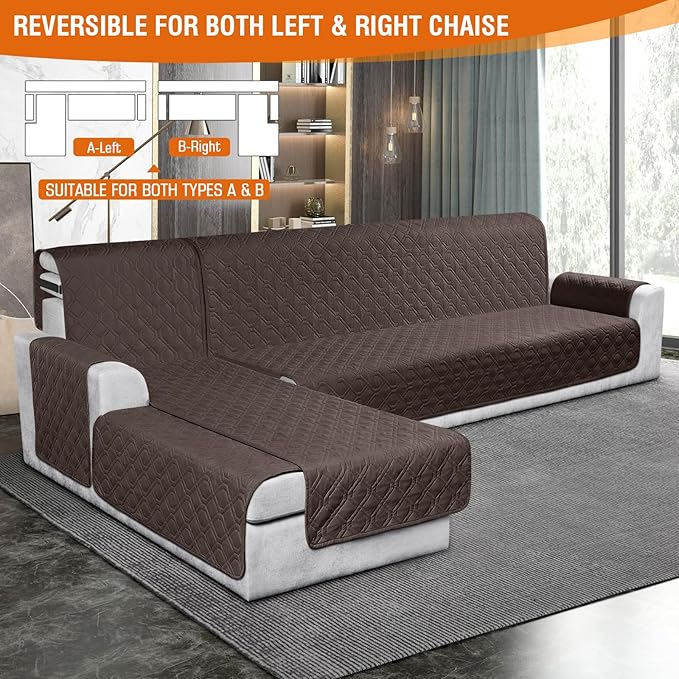 VANSOFY Sectional Couch Covers 100% Waterproof L Shaped Sofa Slipcover 3pcs Reversible Chaise Lounge Cover for Sectional Sofa Furniture Protector Cover for Pets Cat Dog(X-Large, Chocolate)