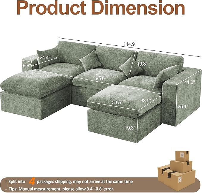 115'' Cloud Boneless Sectional Couch, Modular Sectional Sofa Deep Seat with 2 Ottomans, Oversized Upholstered Convertible Comfy 5 Seater Chenille Sofa U Shape Couches for Living Room, Green