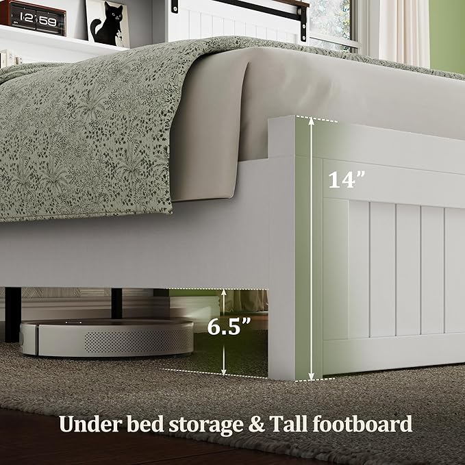 King Size Bed Frame with Storage Headboard, Sliding Barn Door, Wood Platform Bed with Reading Light and Charging Station, Wood Slats Support, Easy Assembly, Noise-Free, Antique White