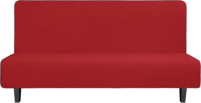 Easy-Going Stretch Futon Slipcover Armless Futon Bed Cover Furniture Protector Without Armrests with Elastic Bottom for Kids, Soft Jacquard Fabric Small Checks (Large, Christmas Red)
