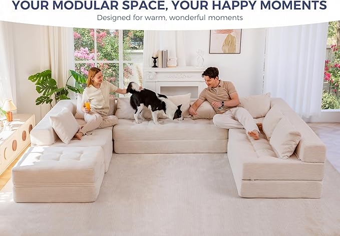 MAXYOYO Modular Sectional Sofa Couch, Foldable Oversized U Shaped Cloud Couch with Pillows, Tufted Boneless Sleeper Lounger Floor Sofa Bed for Living Room, No Assembly Required, Beige