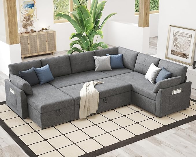 VanAcc Pull Out Sofa, 112 Inch Oversized U Shape Sleeper Sofa Couch with Storage Chaise & 3 Seater, Comfy Couch with Pull Out Bed for Living Room, Grey Linen