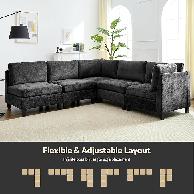 Luxe Oversized Modular Sectional Sofa，Modern Chenille Convertible Corner Couch，Comfy 5 Seater L-Shaped Sofas Sectional Cloud Couch for Living Room（Dark Grey，5-Seater）