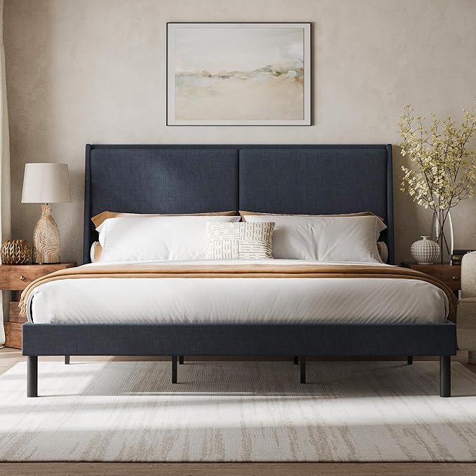 Cozy Castle King Size Upholstered Platform Bed Frame with 51.2" Tall Wingback Headboard, Double Backrest Metal Bed Frame, No Box Spring Needed, Easy Assembly, Bedroom Furniture, Navy Blue