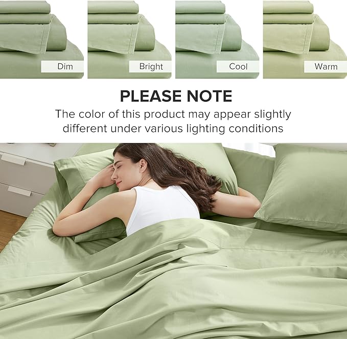 Comfort Spaces 100% Cotton Sheets Cal King, Breathable & Soft Cotton Sheets, Naturally Cool Cotton Bed Sheets with 14" Elastic Pocket Fits up to 16" Mattress, All Seasons Sheet Set, Sage Green 4 Piece