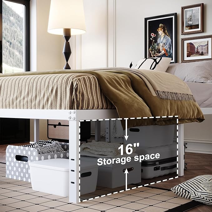 DiaOutro 18 Inch King Bed Frame Heavy Duty Metal Platform No Box Spring Needed, Maximum Storage, Easy Assembly, Noise Free, White