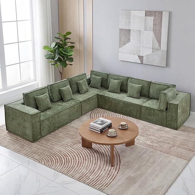 138'' Boneless Chenille L Shaped Couch, Oversized Modular Sectional 7 Seater Sofa, Modern Deep Seat Corner Cloud Compressed Couch, No Assembly Sleeper Sofa with Chaise for Living Room, Green