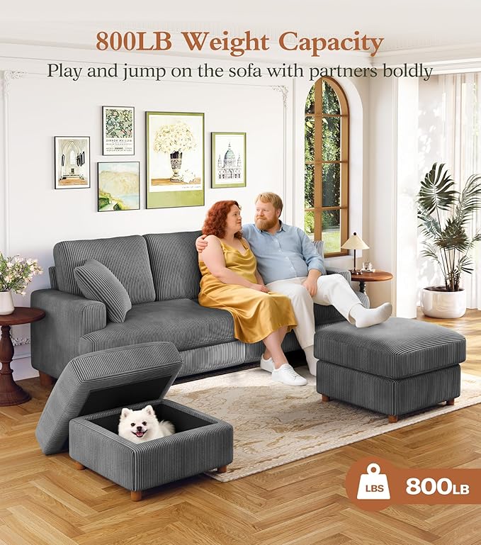 Kidirect 87in U Shaped Couch, Modular Sofa No Tool Assembly, Comfy Sectional Couches for Living Room 21in Deeper Seats, Corduroy Sofas for Living Room with 2 Pillows, Loveseat Sofa Set, Grey Couch | Comfy Corduroy, Oversized 87in Couch, 850LB Tough, To...