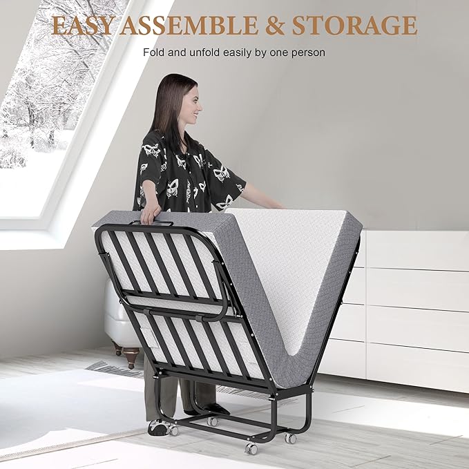 Decofy Folding Bed with Memory Foam Mattress, Portable Rollaway Guest Beds on Wheels, 75"x31" Twin Size Space-Saving Cot-Size Bed for Adults with Easy Assembly Metal Frame (White)