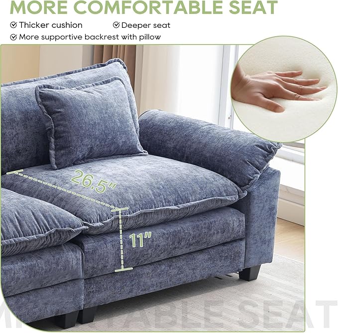 120" Modular Sectional Sofa, Comfy Cloud Couch Sectional, Chenille Sofa Sleeper Deep Seat Sofa with Throw Pillows for Living Room (Blue, 120"- 3 Seater)