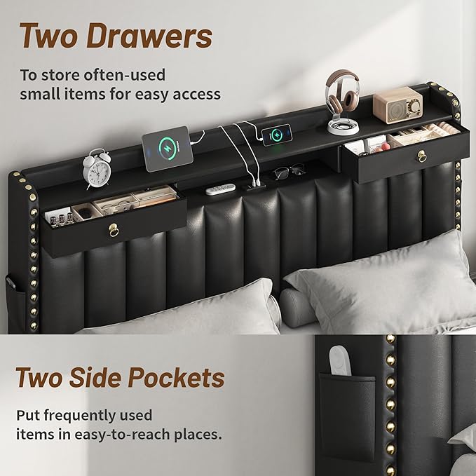 CypBed Queen Bed Frame with Headboard, Upholstered Platform Bed Frame Queen Size with 4 Storage Drawers, 3 USB & Type-C Charging Ports, Solid Wood Slats, No Box Spring Needed, No-Noise, Black,Gifts