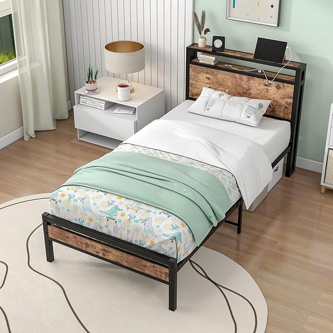 BOFENG Twin Bed Frame with Storage Headboard/USB Charging Station,Heavy Duty Metal Platform Bed Frames Twin Size No Box Spring Needed,Firm Steel Slats Support,Noise Free,Rustic Brown