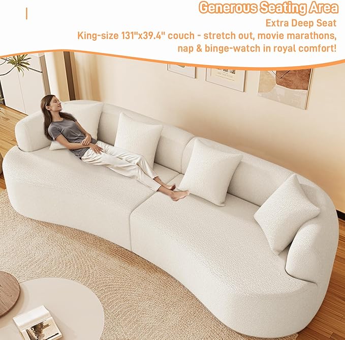 131" Curved Modular Sectional Sofa for Living Room, Modern Chenille Oversized Cloud Couch Sofa, Luxury Plush Extra Deep 4-Seater Boucle Couch for Apartment‌‌, No Assembly Required, Cream White