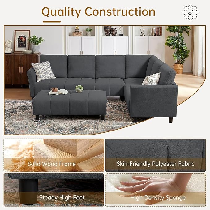 103" Convertible Sectional Sofa with Long Ottoman, Modern Upholstered Fabric L-Shaped Couch with Back Cushions, 6 Seat Sofa Couches for Living Room, Apartment, Office, Dark Grey