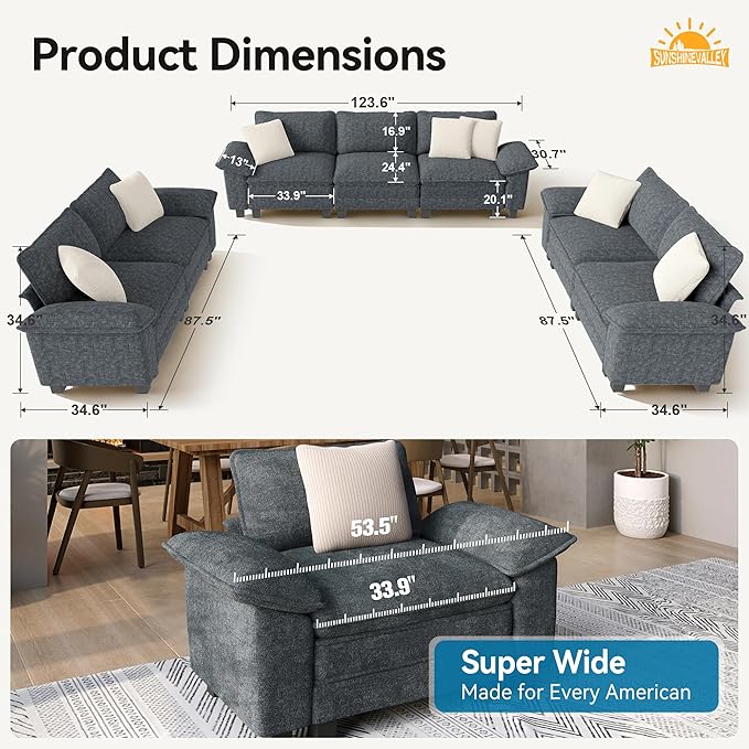 3 Piece Living Room Sofa Furniture Set, Chenille Modular 2 Loveseat and 3-Seat Couch with Wider Armrest and Pillow, 7-Seat Modern Sectional Cloud Deep Seat for Apartment, Cyan