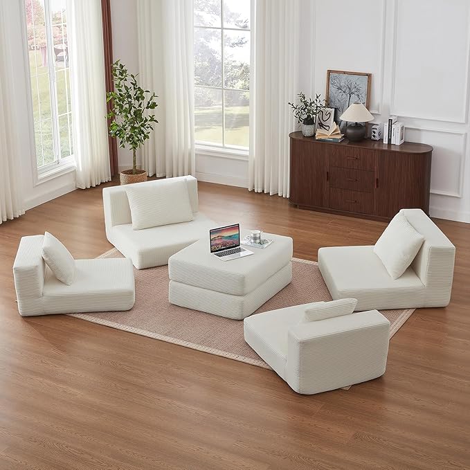 Modular Loveseat L Shaped Sofa,Boneless Cloud Couch with Ottoman (Beige White) | Freely Combination, No Assemble Required, Modular Design, Breathable Fabric, Convertible to Bed, Futon Bed