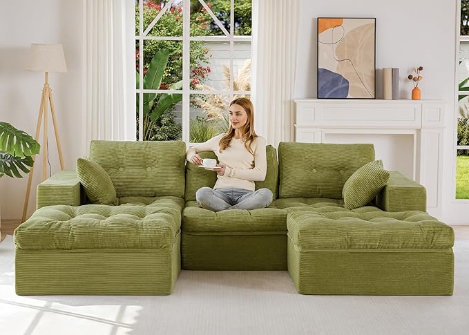 MAXYOYO 104" U Shaped Modular Sectional Sofa with 2 Ottomans, Cloud Boneless Couch with Layered Cushion, Flexible Module Combination Sofa for Living Room, No Assembly Required, Green