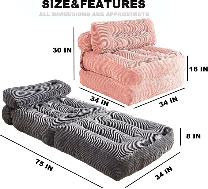 Folding Sofa Bed, Convertible Sleeper Chair Couch Bed Faux Rabbit Fur for Adults, with Back Support Floor Couch Comfy Floor Sofa for Living Room Bedroom, Dusty Pink, Single